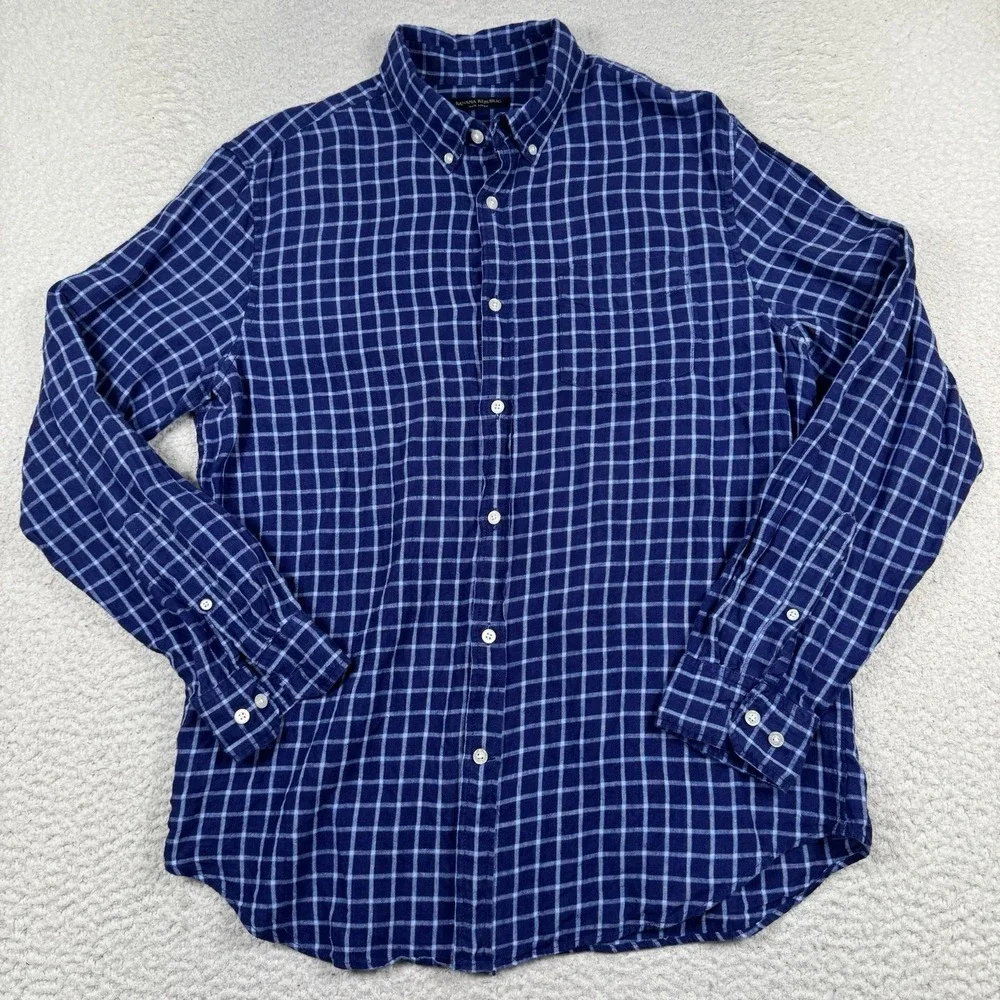 Banana Republic Shirt Men's L Camden Standard Fit 100% Linen Lightweight Plaid‎